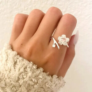 925 Sterling Silver Flower Ring Dainty Minimalist Ring Pink CZ Stone Flower Ring